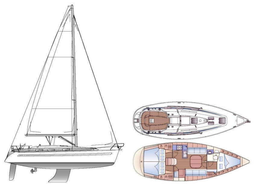 Bavaria36 측면과 갑판, 내부 배치도